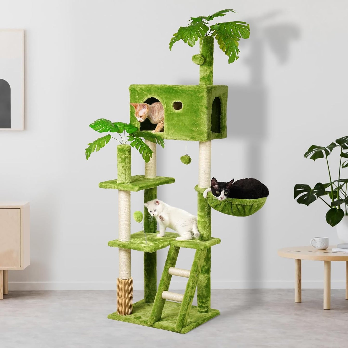 65In Tall Cat Tree with Leaves for Indoor Cats, Green Cat Tower with Scratching Post,Hanging Hammock,Cozy Perch,Swing Ball,Self Groomer and Cat Ladder,Cat Tree Tower