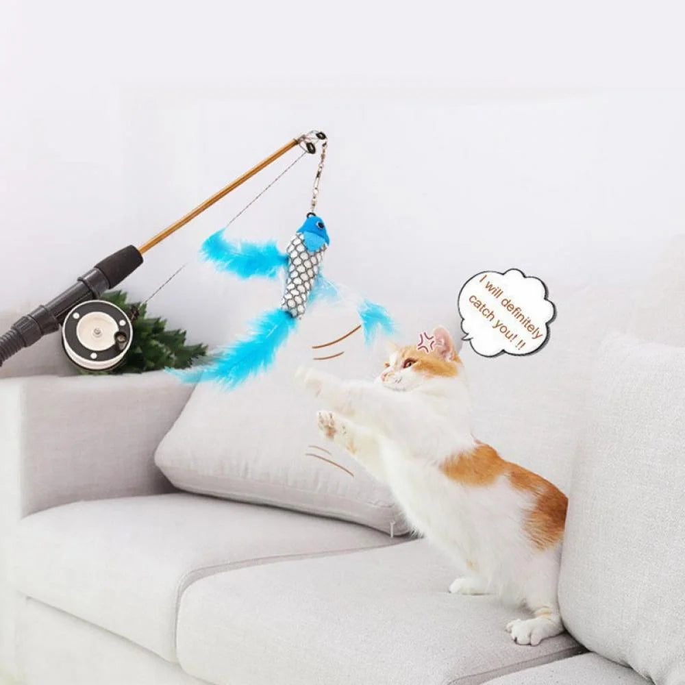 Interactive Cat Toy,Retractable Cat Wand Toy Cat Plush Teaser Wand with Interactive Telescopic Cat Fishing Pole Toy
