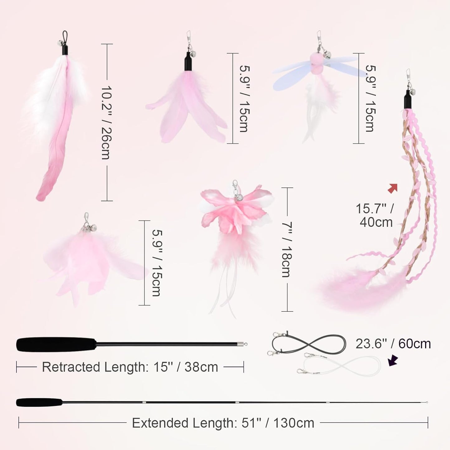 Perfectly Pink Cat Wand Toys for Indoor Cats - Cat Toy Set with Retractable Teaser Wand and 6 PCS Fairy Feather Toy Refills, Dragonfly Tassel Plush Cat Toys Interactive, Pink
