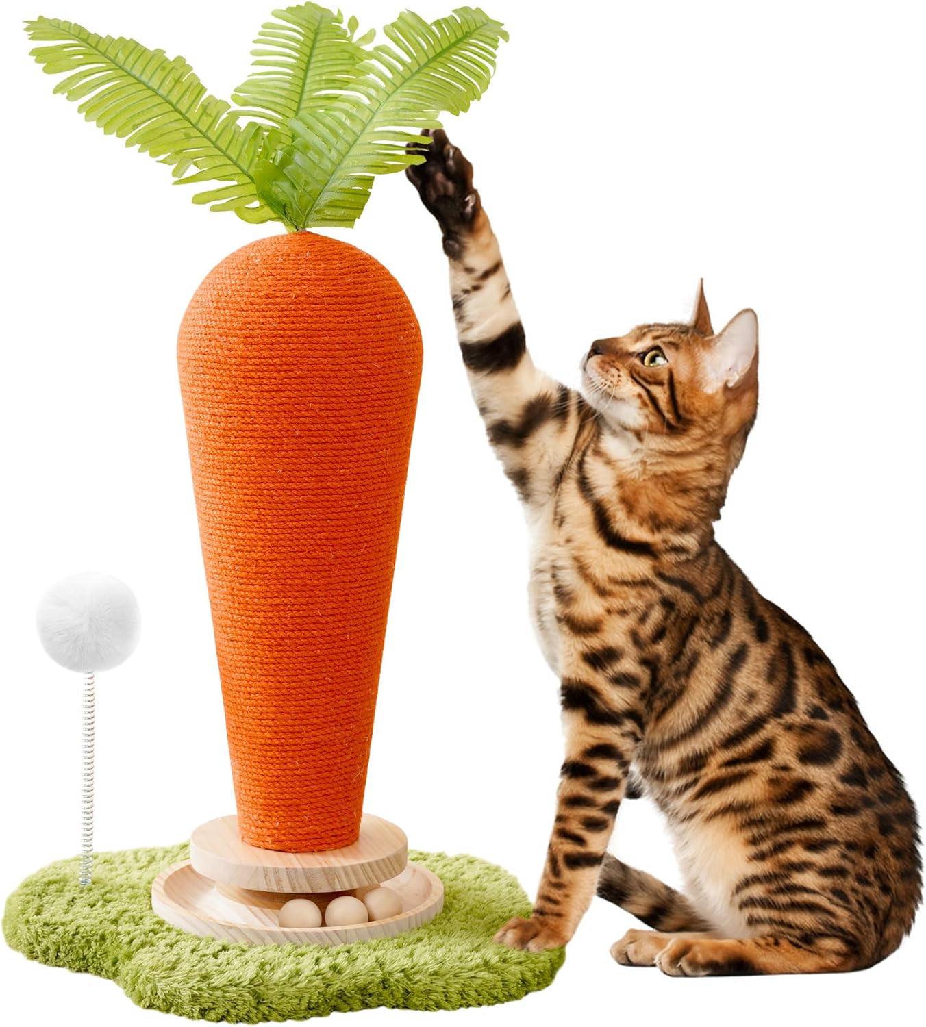 Cute Cat Scratching Post, Carrot Cat Scratcher Post with Durable Natural Wooden Turntable Toy and Catnip, 24'‘ H Carrot Shape Design Sisal Cat Tree Sisal Scratcher for Indoor Cats (Cloud Base)