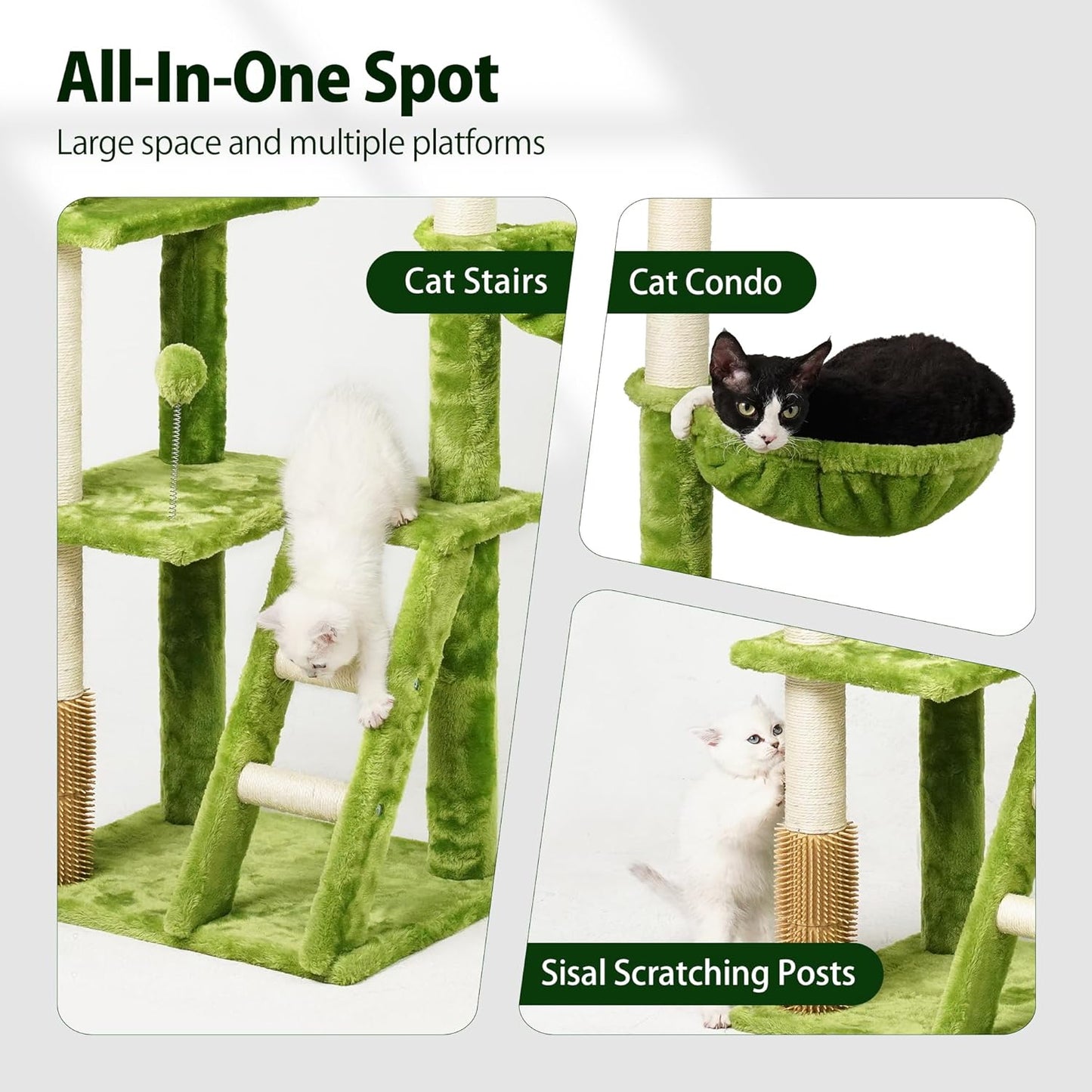 65In Tall Cat Tree with Leaves for Indoor Cats, Green Cat Tower with Scratching Post,Hanging Hammock,Cozy Perch,Swing Ball,Self Groomer and Cat Ladder,Cat Tree Tower