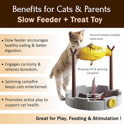 11" Cats Slow Feeding Snack Bowl, Grilled Fish Spinning Toy, Food Puzzle Cat Toy