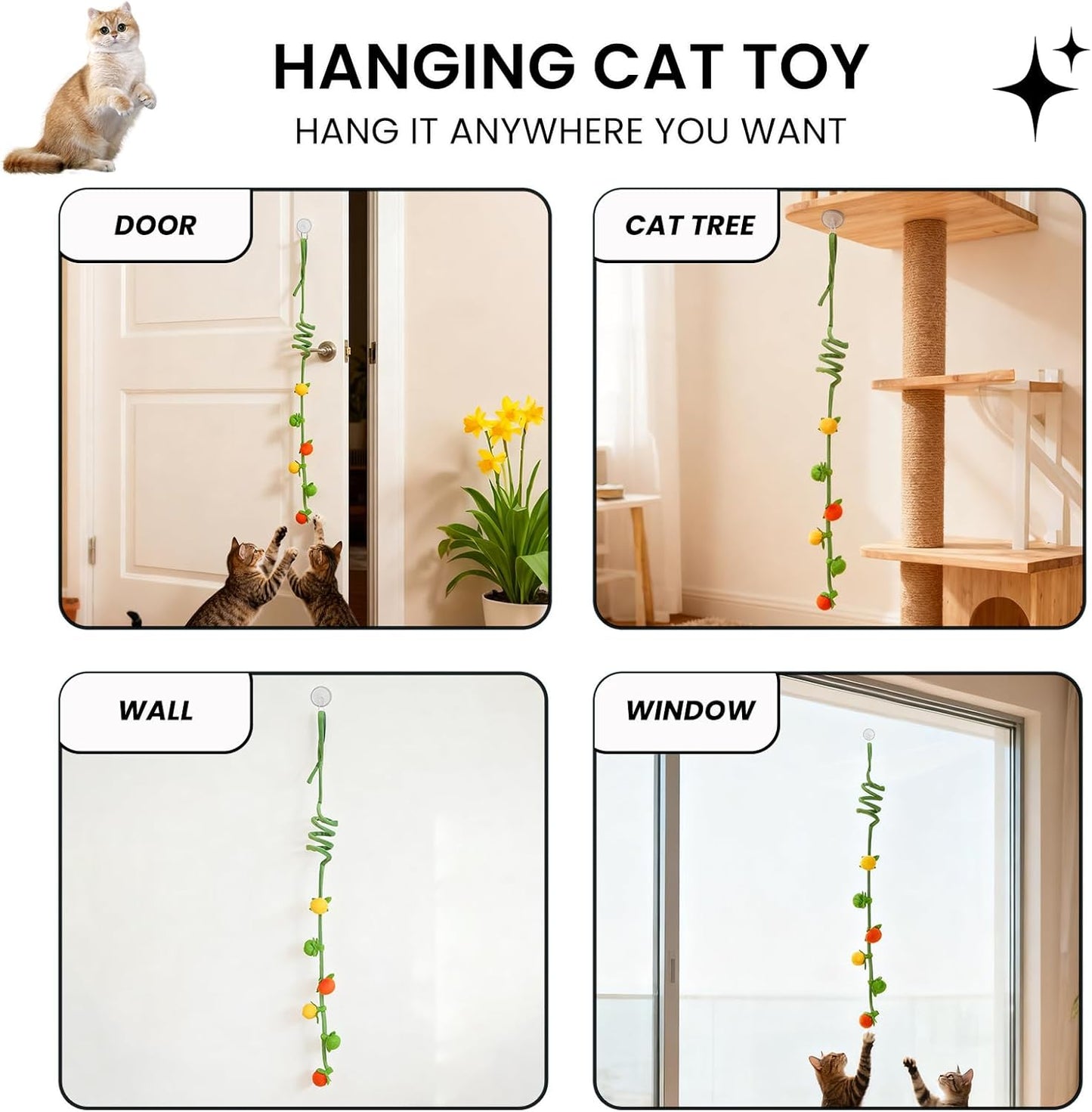 Interactive Hanging Cat Toy with Catnip & Rattle Sound, 2-Pack – Retractable Teaser Toys with Colorful Fruit Design for Indoor Cats, Batting, Chasing & Pouncing Play