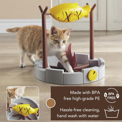11" Cats Slow Feeding Snack Bowl, Grilled Fish Spinning Toy, Food Puzzle Cat Toy
