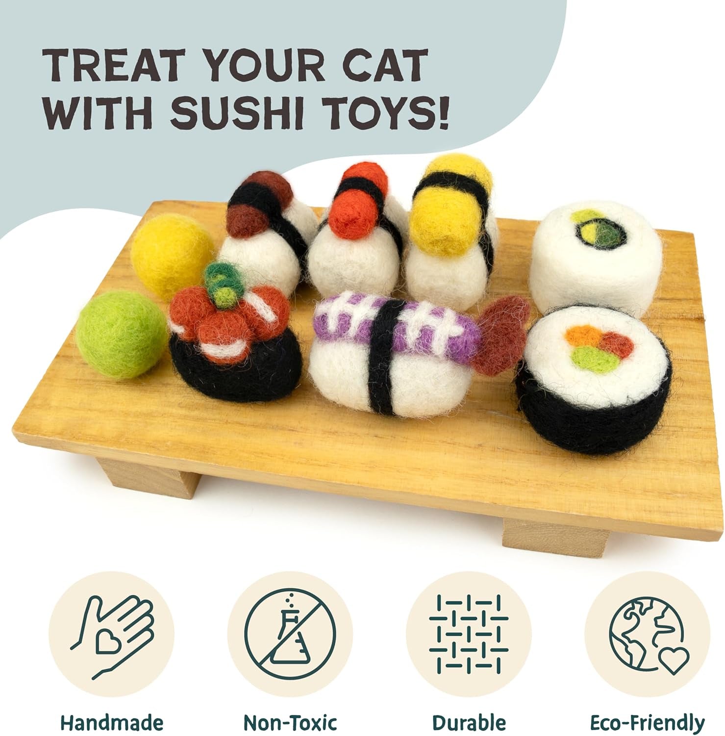 Sushi Cat Toy Set (9 Pcs) – Interactive Wool Felt Kitty Toys for Indoor Cats & Kittens, Catnip-Free, Durable, Cute & Enriching Play for Bored Cats