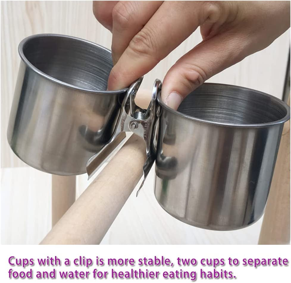Bird Feeding Cups - Parrot Food Dish Stainless Steel Parrot Feeders Water Cage Bowls with Clamp Holder for Parakeet African Greys Conure Cockatiels Budgies Chinchilla Small Animal