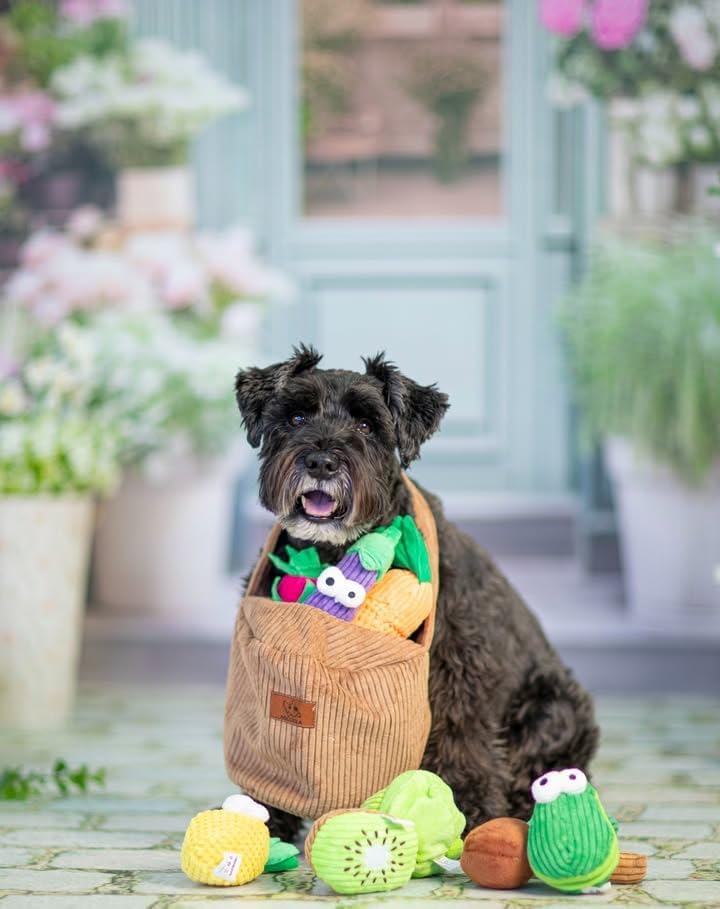Small Squeaky Crinkle Dog Toys- 15 Packs Grocery Basket Fruits Veggies Puppy Toys to Keep Busy, Cute Durable Plush Stuffed Hide Seek Cognitive Boredom Pet Supplies, Dog Birthday Gifts