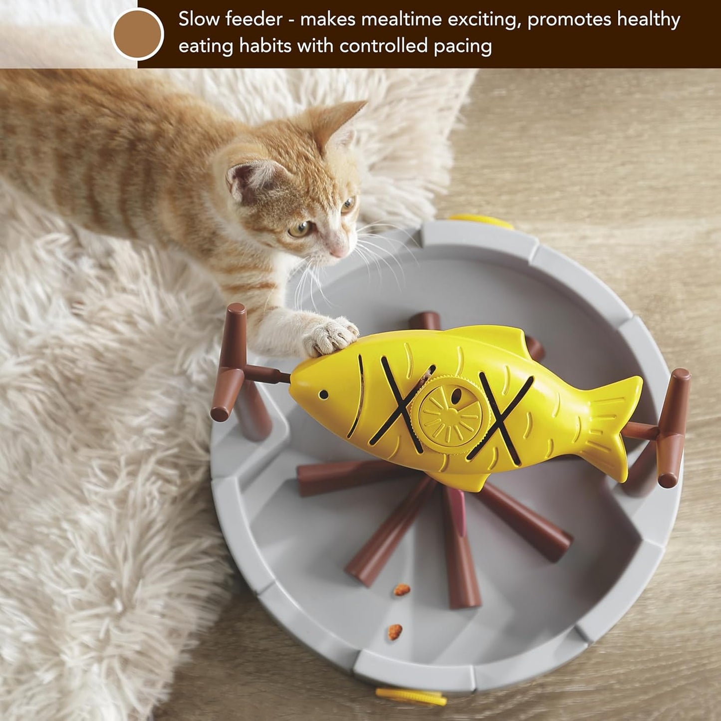 11" Cats Slow Feeding Snack Bowl, Grilled Fish Spinning Toy, Food Puzzle Cat Toy