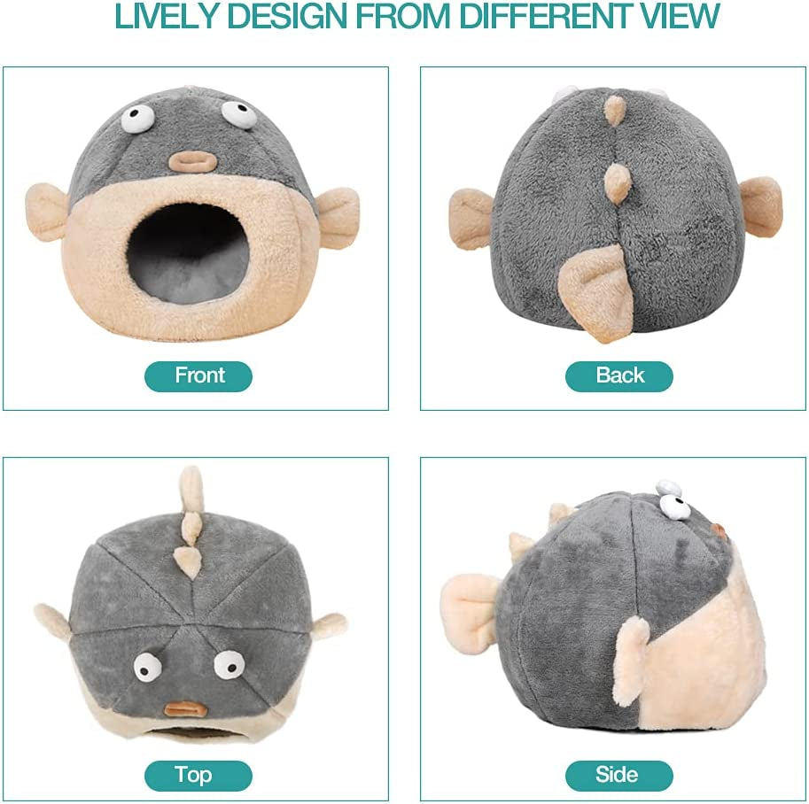 Cat Beds for Indoor Cats - Cat Bed Cave with Removable Washable Cushioned Pillow,2 in 1 Super Soft Cat Tent for Kitten and Small Cats, Lively Pufferfish Animal-Shape & Furniture, Grey Multiple Sizes