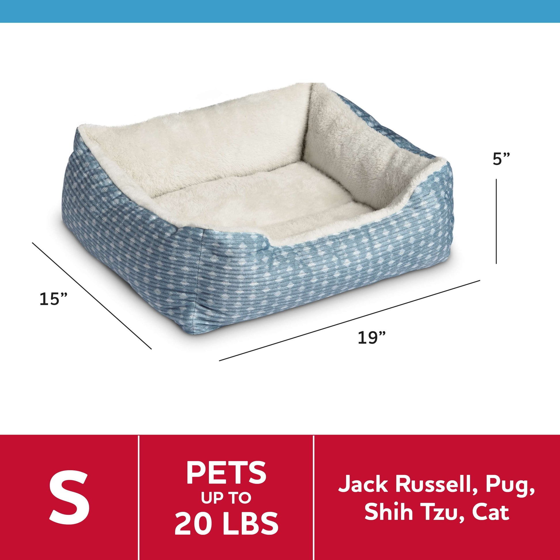 Dog & Cat Bed, Plush Cuddler, Portable, Blue & White, 19" × 15"