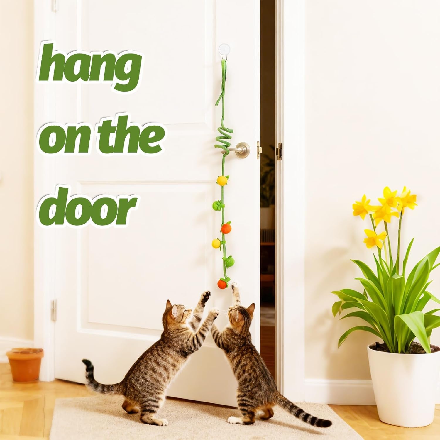 Interactive Hanging Cat Toy with Catnip & Rattle Sound, 2-Pack – Retractable Teaser Toys with Colorful Fruit Design for Indoor Cats, Batting, Chasing & Pouncing Play