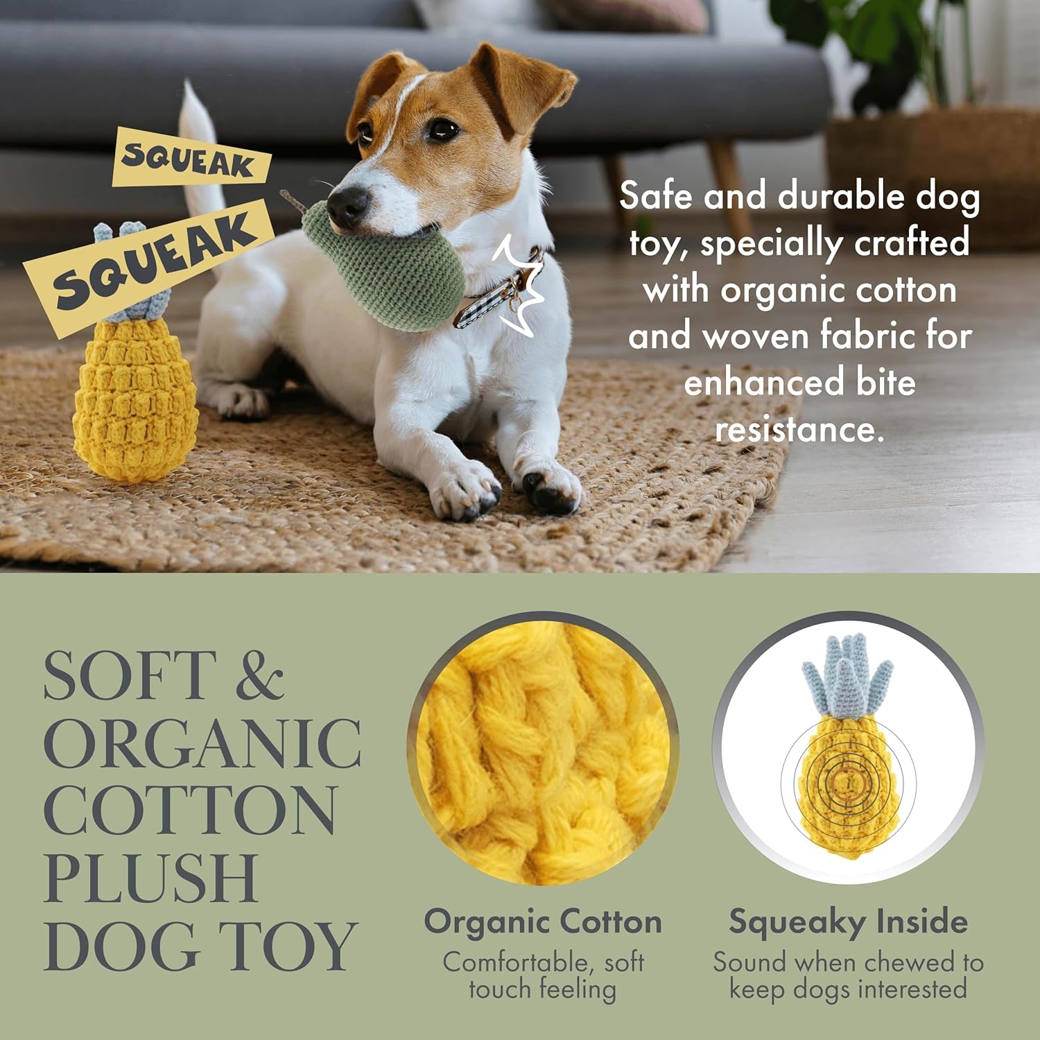 Organic Cotton Dog Toys Pack – Handmade Squeaky Plush Puppy Toys for Small and Medium Dogs, Eco Friendly Teething Accessories, Natural Pet Gift Set with Cute Fruit and Veggie Designs