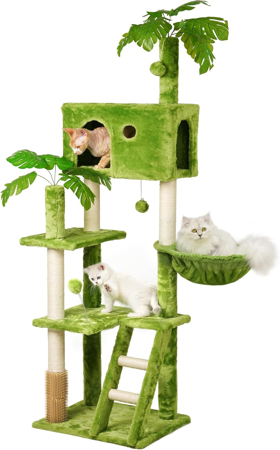 65In Tall Cat Tree with Leaves for Indoor Cats, Green Cat Tower with Scratching Post,Hanging Hammock,Cozy Perch,Swing Ball,Self Groomer and Cat Ladder,Cat Tree Tower