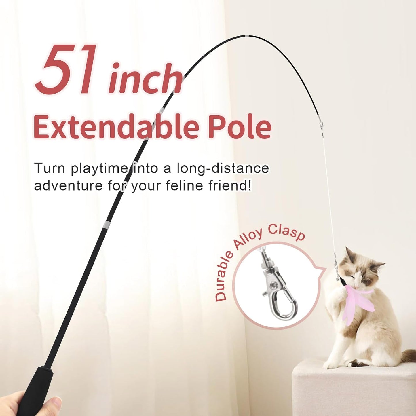 Perfectly Pink Cat Wand Toys for Indoor Cats - Cat Toy Set with Retractable Teaser Wand and 6 PCS Fairy Feather Toy Refills, Dragonfly Tassel Plush Cat Toys Interactive, Pink