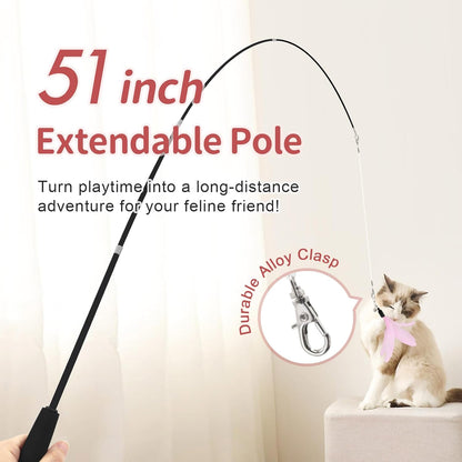 Perfectly Pink Cat Wand Toys for Indoor Cats - Cat Toy Set with Retractable Teaser Wand and 6 PCS Fairy Feather Toy Refills, Dragonfly Tassel Plush Cat Toys Interactive, Pink