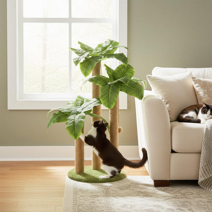 31.5 Inch Palm Tree Cat Scratching Post, Cat Scratcher Tree with 3 Scratching Poles & 2 Interactive Dangling Balls, Cats Scratching Posts for Indoor Kitten & Adult Cats