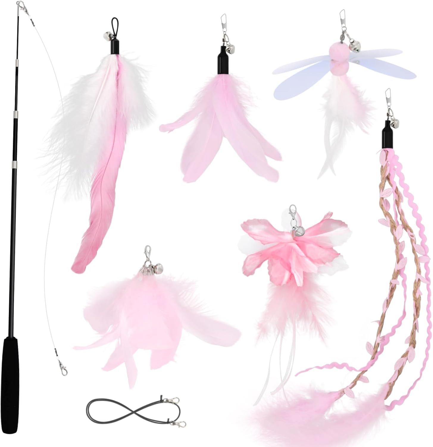Perfectly Pink Cat Wand Toys for Indoor Cats - Cat Toy Set with Retractable Teaser Wand and 6 PCS Fairy Feather Toy Refills, Dragonfly Tassel Plush Cat Toys Interactive, Pink