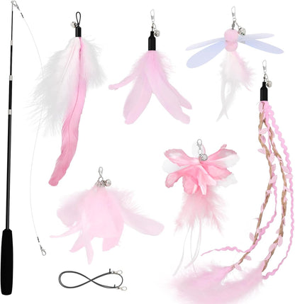 Perfectly Pink Cat Wand Toys for Indoor Cats - Cat Toy Set with Retractable Teaser Wand and 6 PCS Fairy Feather Toy Refills, Dragonfly Tassel Plush Cat Toys Interactive, Pink