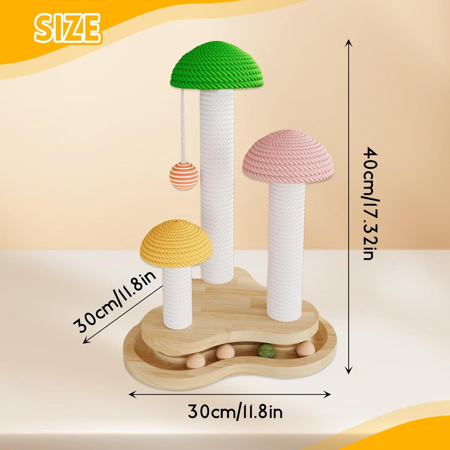 Mushroom Cat Scratcher for Kittens and Small Cats, Multi-Level Sisal Scratching Post with Hanging & Track Balls, Sturdy Wooden Base Cat Furniture for Indoor Cats’ Scratching & Playing