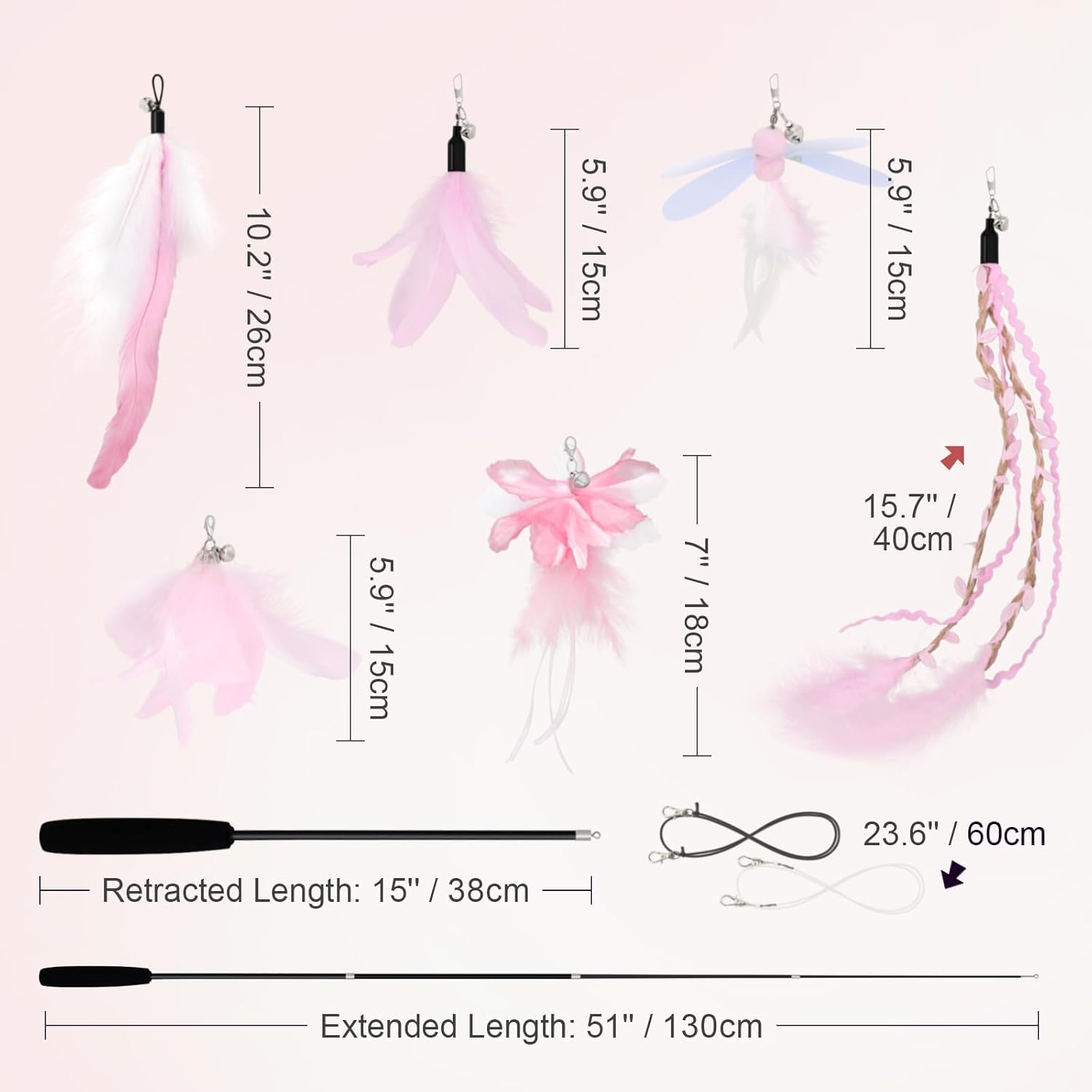Perfectly Pink Cat Wand Toys for Indoor Cats - Cat Toy Set with Retractable Teaser Wand and 6 PCS Fairy Feather Toy Refills, Dragonfly Tassel Plush Cat Toys Interactive, Pink