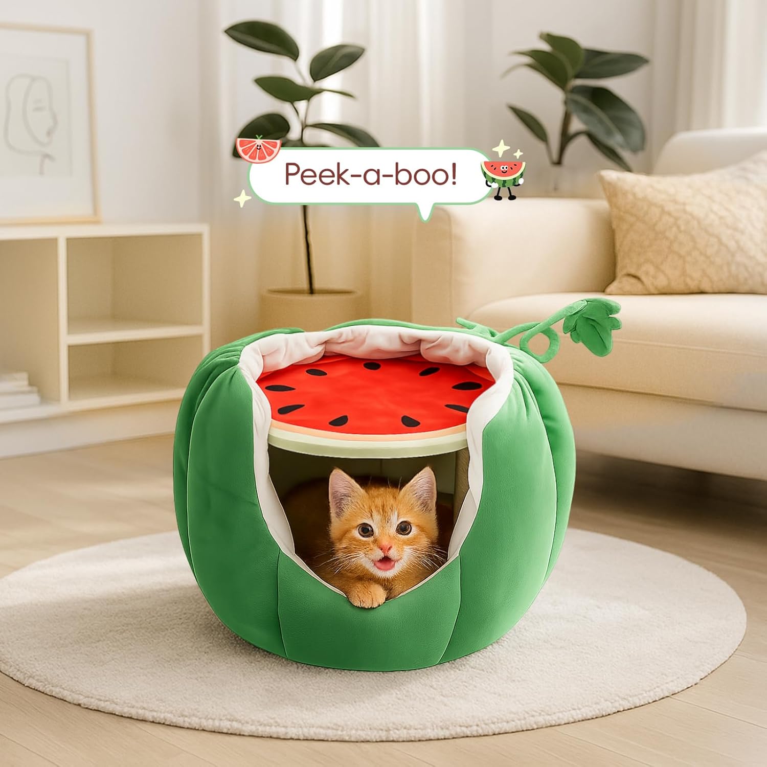 Adorable Watermelon Cat House , Small Cat Tree with Sisal Ropes and Plush Perch, Cute Cat Bed Cave with Soft Pillow, Watermelon Design