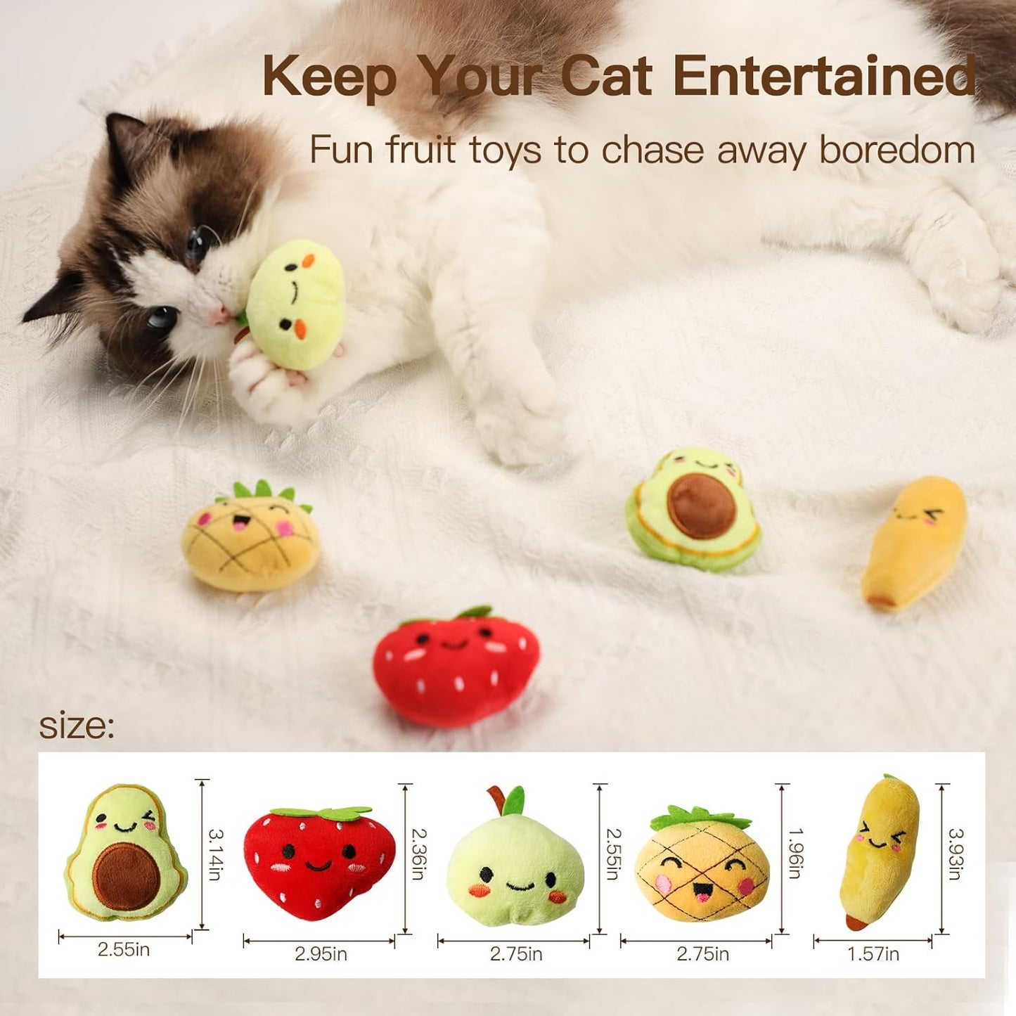 Catnip,5-Pack Fruity Friends Plush Toy Set for Cat Nip, Soft Cotton Filling, Interactive Indoor Play