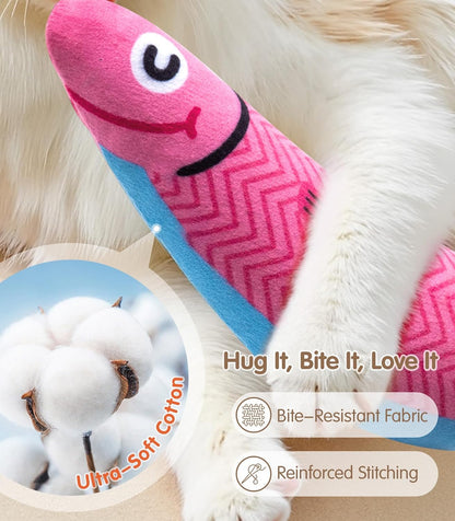 2 pack Interactive Soft Chew Kicker Cat Toys Infused Catnip for Indoor Cats & Kittens, [Crinkle &Bell] Fish Sound Toy, Drives Bored Cat Crazy with Fun!