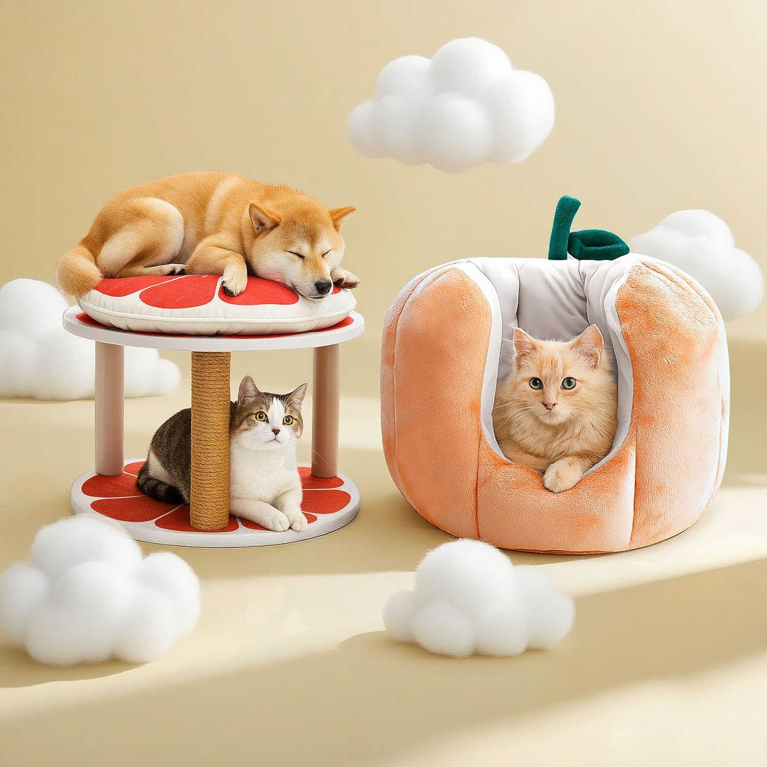 Cute Grapefruit Cat Houses for Indoor Cats, Small Cat Tree with Sisal Ropes and Plush Perch, Cute Cat Bed Cave with Soft Pillow, Grapefruit Design