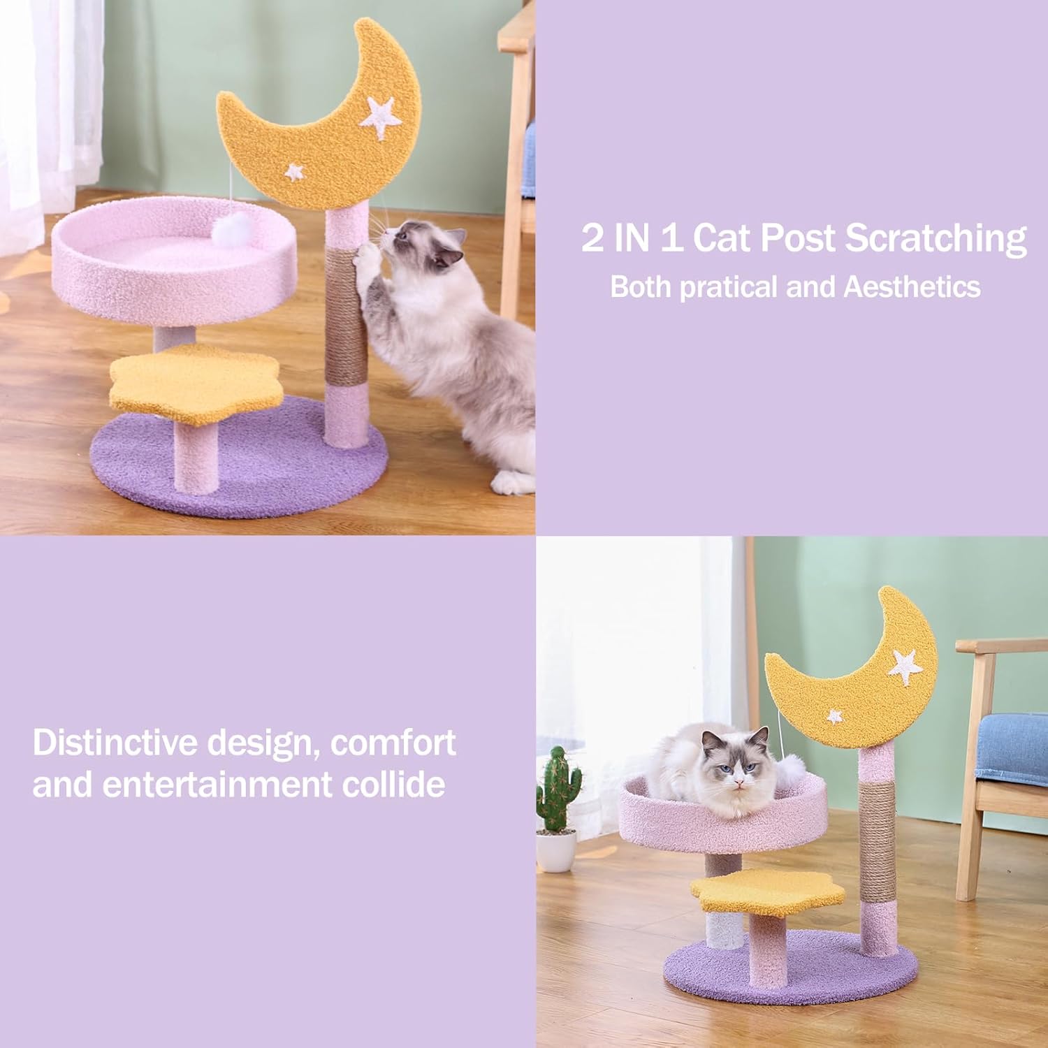 Small Cat Tree, Moon Star Cat Tree Built-In Scratching Post and Bed, 23.5 in Purple Pink Cute Kitten Tower Cozy Fluffy Kitten Condo for Indoor Activity