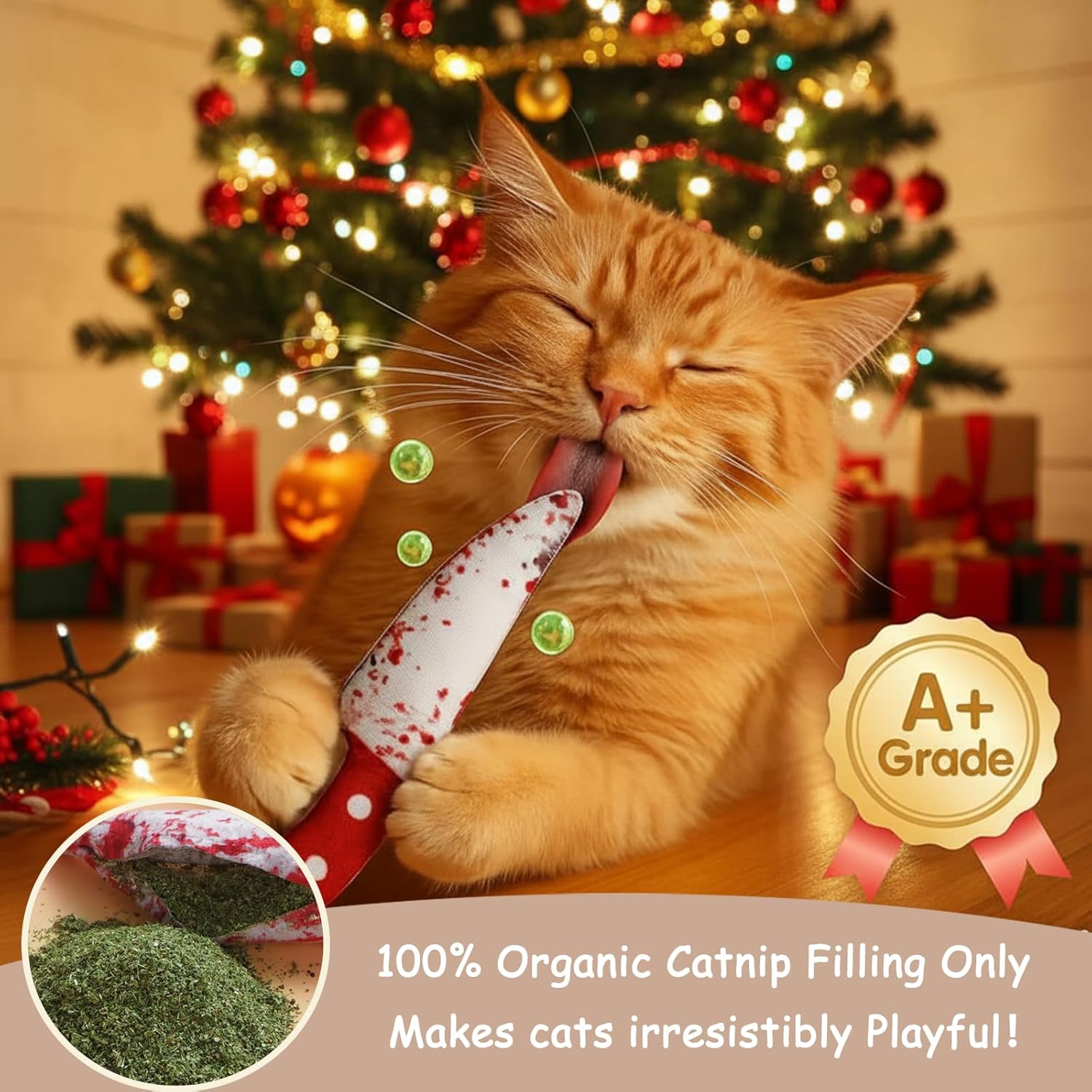 Spooky 5 PC Catnip Cat Toys, [100% Organic Catnip Filled, Cotton-Free] Funny Knife-Shaped Crinkly Sound Toys for Indoor Kitten Cat Nip Kitty Chew Toy