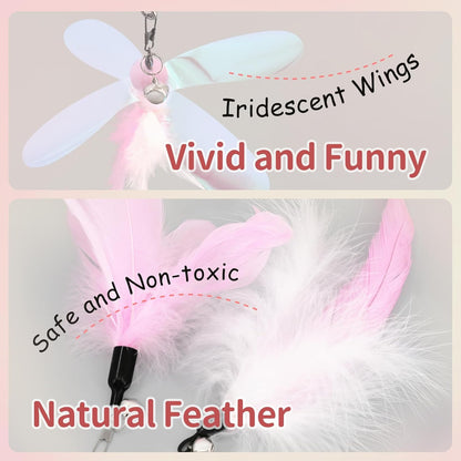 Perfectly Pink Cat Wand Toys for Indoor Cats - Cat Toy Set with Retractable Teaser Wand and 6 PCS Fairy Feather Toy Refills, Dragonfly Tassel Plush Cat Toys Interactive, Pink