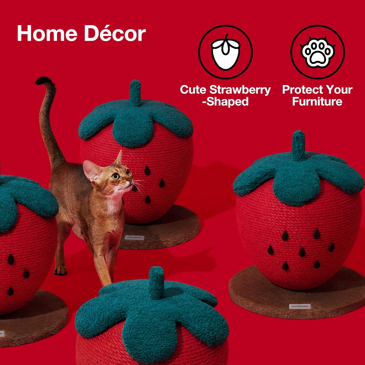 Strawberry Cat Scratching Post, Cute Cat Scratcher with Sisal Rope, Vertical Cat Scratch Post for Indoor Cat and Kitten, Ring Paper Strawberry Leaves Attract Cats