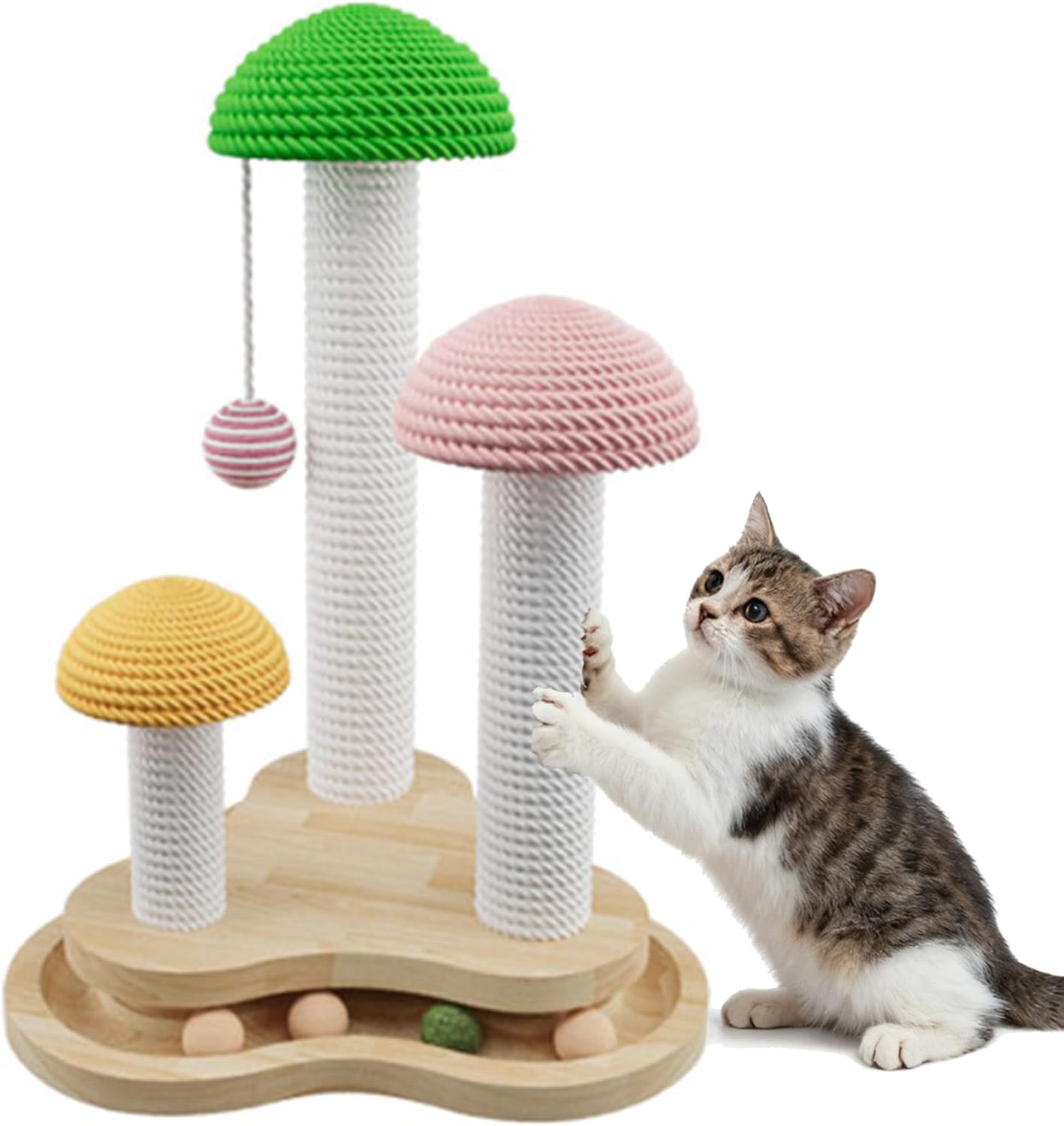 Mushroom Cat Scratcher for Kittens and Small Cats, Multi-Level Sisal Scratching Post with Hanging & Track Balls, Sturdy Wooden Base Cat Furniture for Indoor Cats’ Scratching & Playing