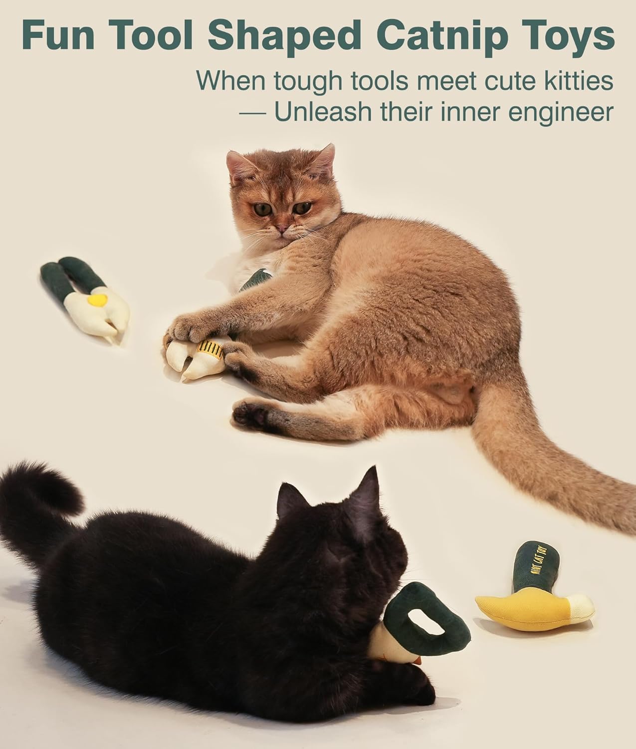 4Pcs Tool-Shaped Catnip Toys, Organic Catnip & Crinkle Sound, Soft and Durable, Interactive Chew & Kicker Cat Toys, Exercise and Teething Relief for Indoor Cats & Kittens