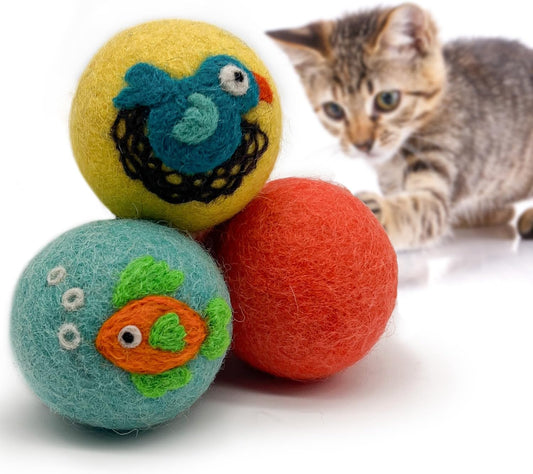 Organic Wool Felt Balls - 3 Pack Love Ewe Pet Supplies – 2In Colorful & Durable Cat Toys Handmade from New Zealand, Ideal for Indoor Play and Mental Stimulation – Fish & Bird Design