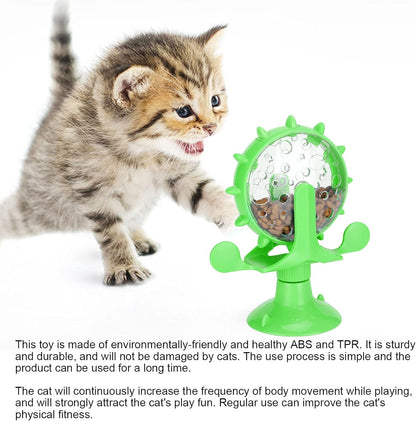 Cat Food Slow Feeder Toy, Windmill Treat Dispensing Cat Puzzle Food Interactive Toy Kitten Slow Feeder Snacks Distribution with Powerful Suction Cup(Green)