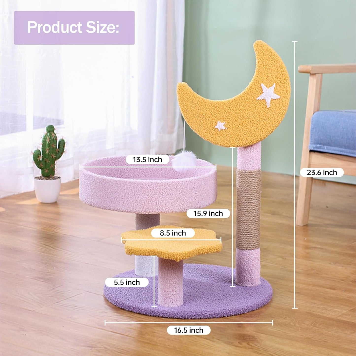 Small Cat Tree, Moon Star Cat Tree Built-In Scratching Post and Bed, 23.5 in Purple Pink Cute Kitten Tower Cozy Fluffy Kitten Condo for Indoor Activity