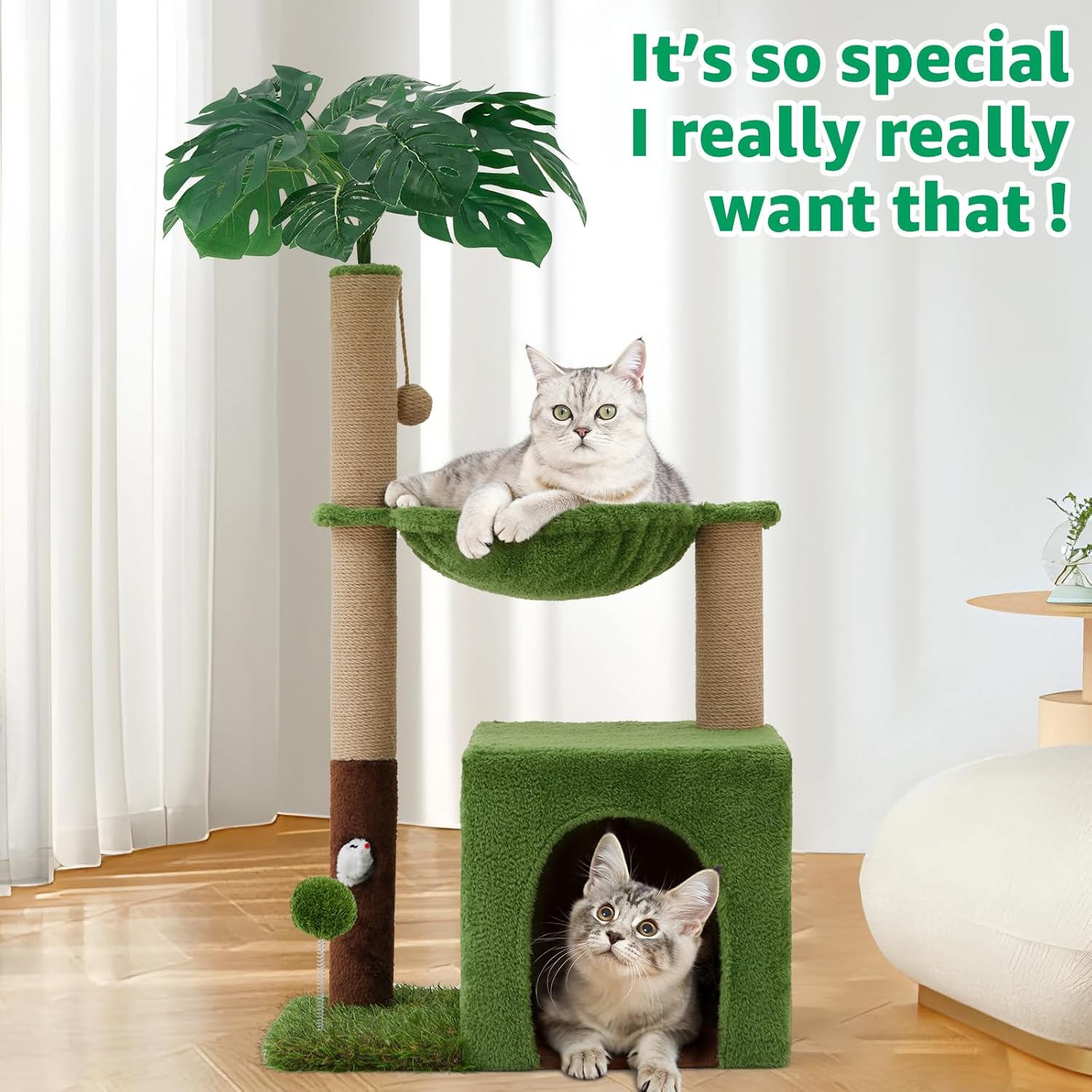 37" Cat Tree Tower for Indoor Cats，2-In-1 Multi-Functional Comfort with Premium Sisal Scratching Post, Cat Cando with Mouse Hole and Plush Toy Ball Large Hammock for Kitty or Small Cats