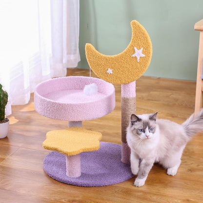 Small Cat Tree, Moon Star Cat Tree Built-In Scratching Post and Bed, 23.5 in Purple Pink Cute Kitten Tower Cozy Fluffy Kitten Condo for Indoor Activity