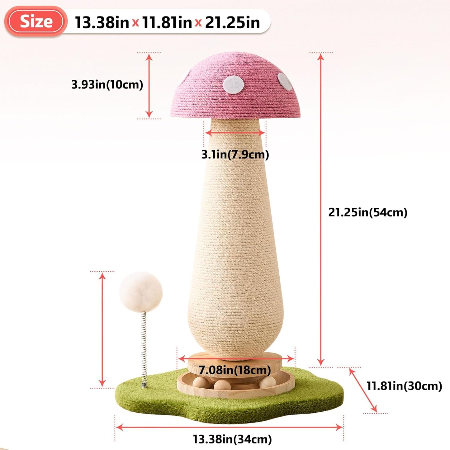 Pink Mushroom Cat Scratching Post Cat Tree, 21.5‘’ H Cute Cat Scratcher Tower with Durable Solid Wood Turntable Toy, Baby Pink Mushroom Scratch Post Cat Sisal Scratcher with Catnip for Indoor Adult Cats