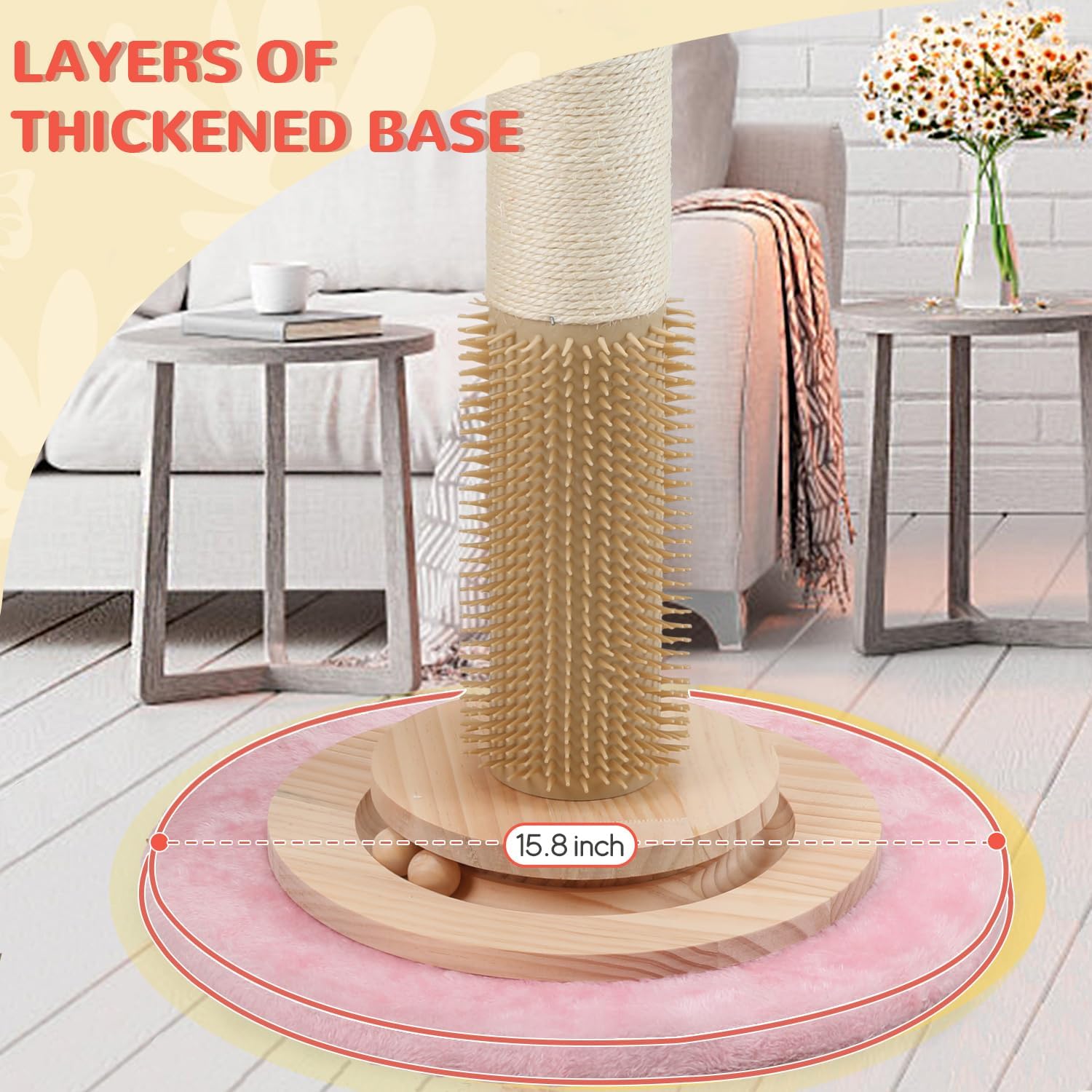 45'' Tall Cat Scratching Post,3.5Inch Diameter Sisal Rope Scratching Post for Indoor Cats Adults Kittens,Cat Scratcher with Interactive Ball Toys Self Groomer Brush for Large Cats (Pink-45Inch)