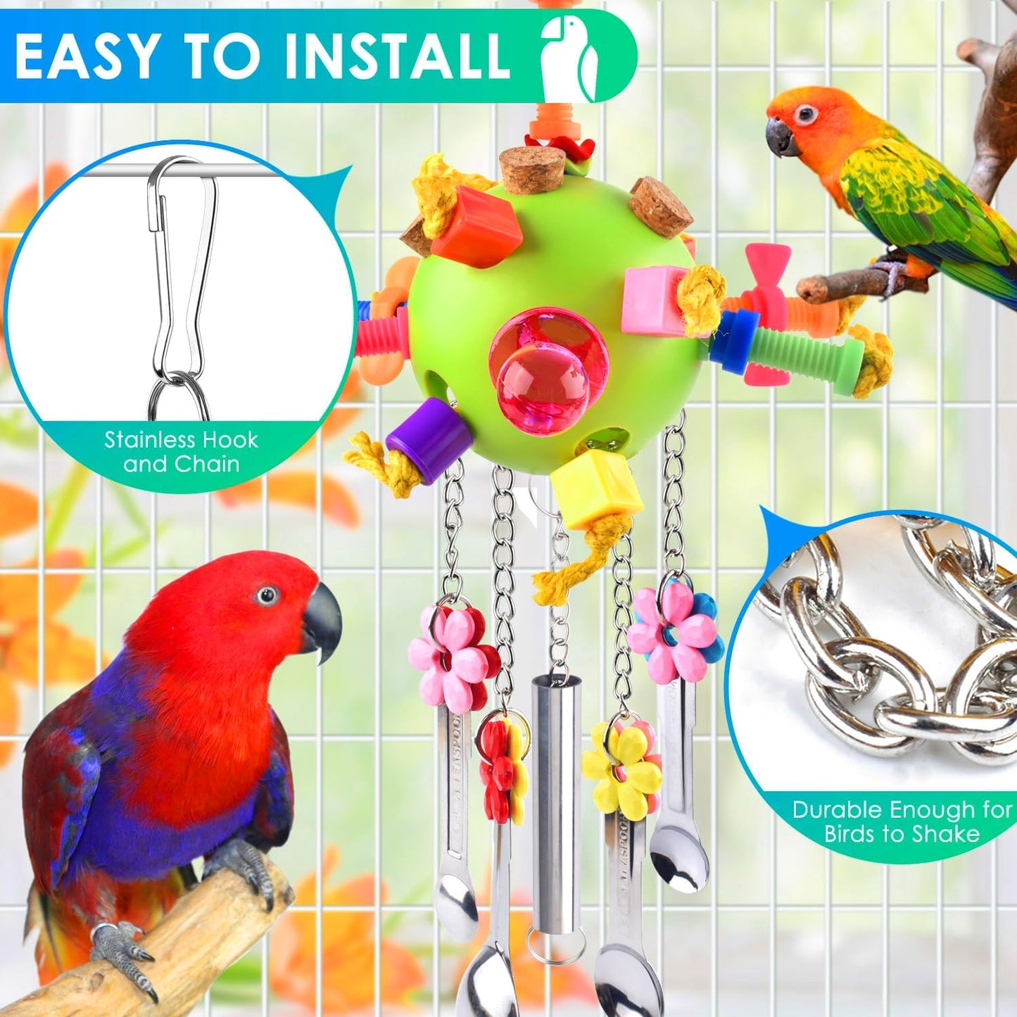 Bird Toys, Parrot Pull Spoons Toys for Conure Cage Parakeet Cockatiel Quarker African Grey Mini Macaw Amazon Parrots Cockatoo Small to Medium Birds