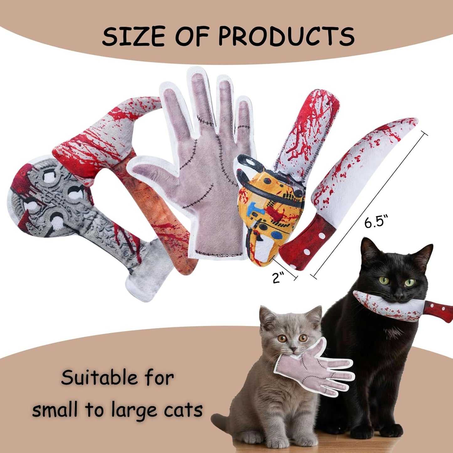 Spooky 5 PC Catnip Cat Toys, [100% Organic Catnip Filled, Cotton-Free] Funny Knife-Shaped Crinkly Sound Toys for Indoor Kitten Cat Nip Kitty Chew Toy