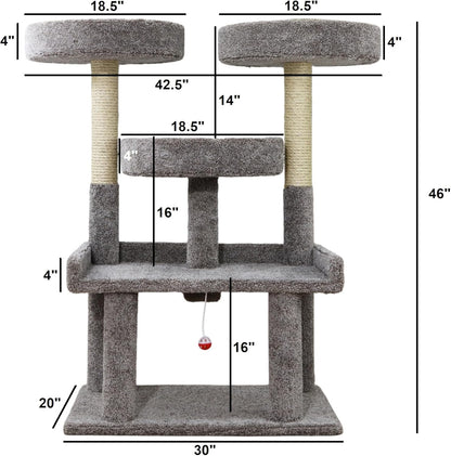 46″ XXL Heavy Duty Cat Tree – Extra-Large! Sturdy Indoor Cat Tower with Multiple Perches, Sisal Scratch Posts & Solid Wood Base (Gray)