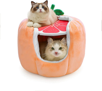Cute Grapefruit Cat Houses for Indoor Cats, Small Cat Tree with Sisal Ropes and Plush Perch, Cute Cat Bed Cave with Soft Pillow, Grapefruit Design