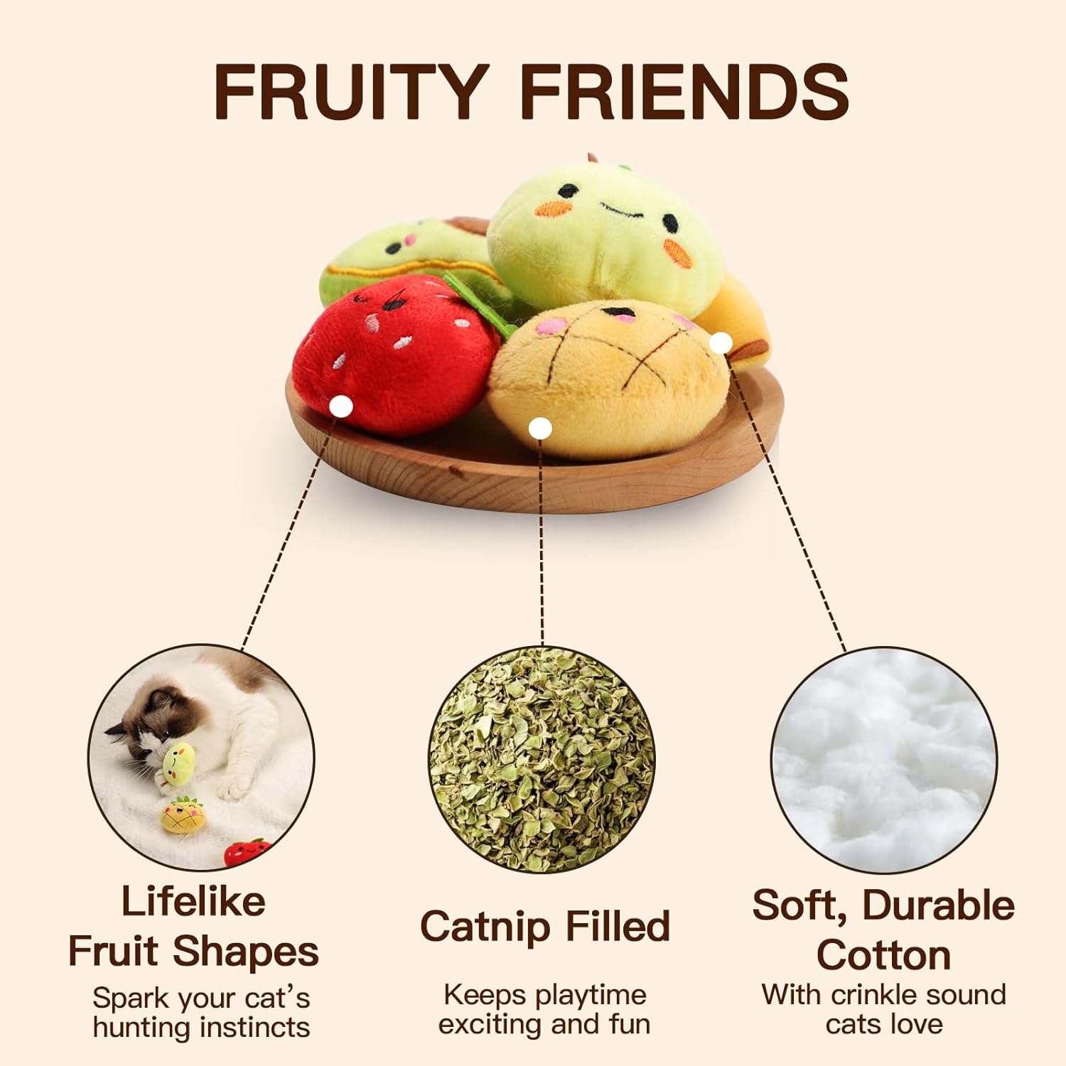 Catnip,5-Pack Fruity Friends Plush Toy Set for Cat Nip, Soft Cotton Filling, Interactive Indoor Play