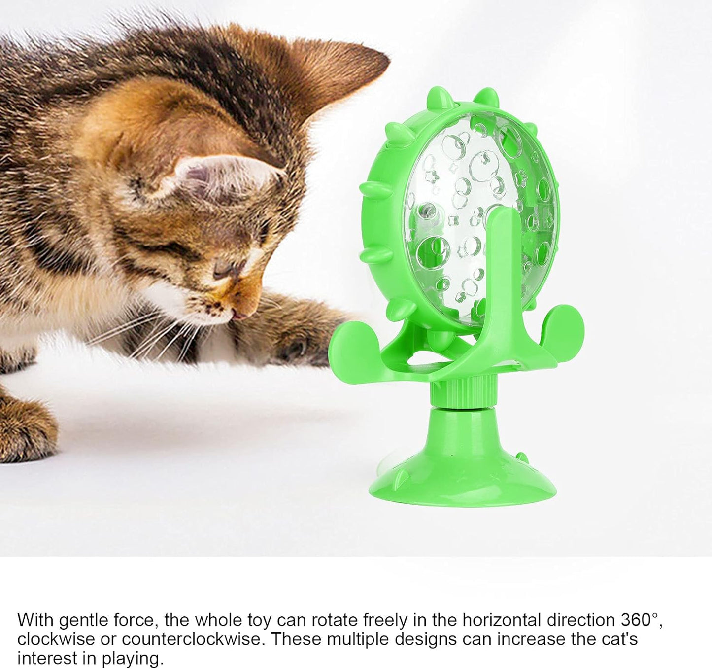 Cat Food Slow Feeder Toy, Windmill Treat Dispensing Cat Puzzle Food Interactive Toy Kitten Slow Feeder Snacks Distribution with Powerful Suction Cup(Green)