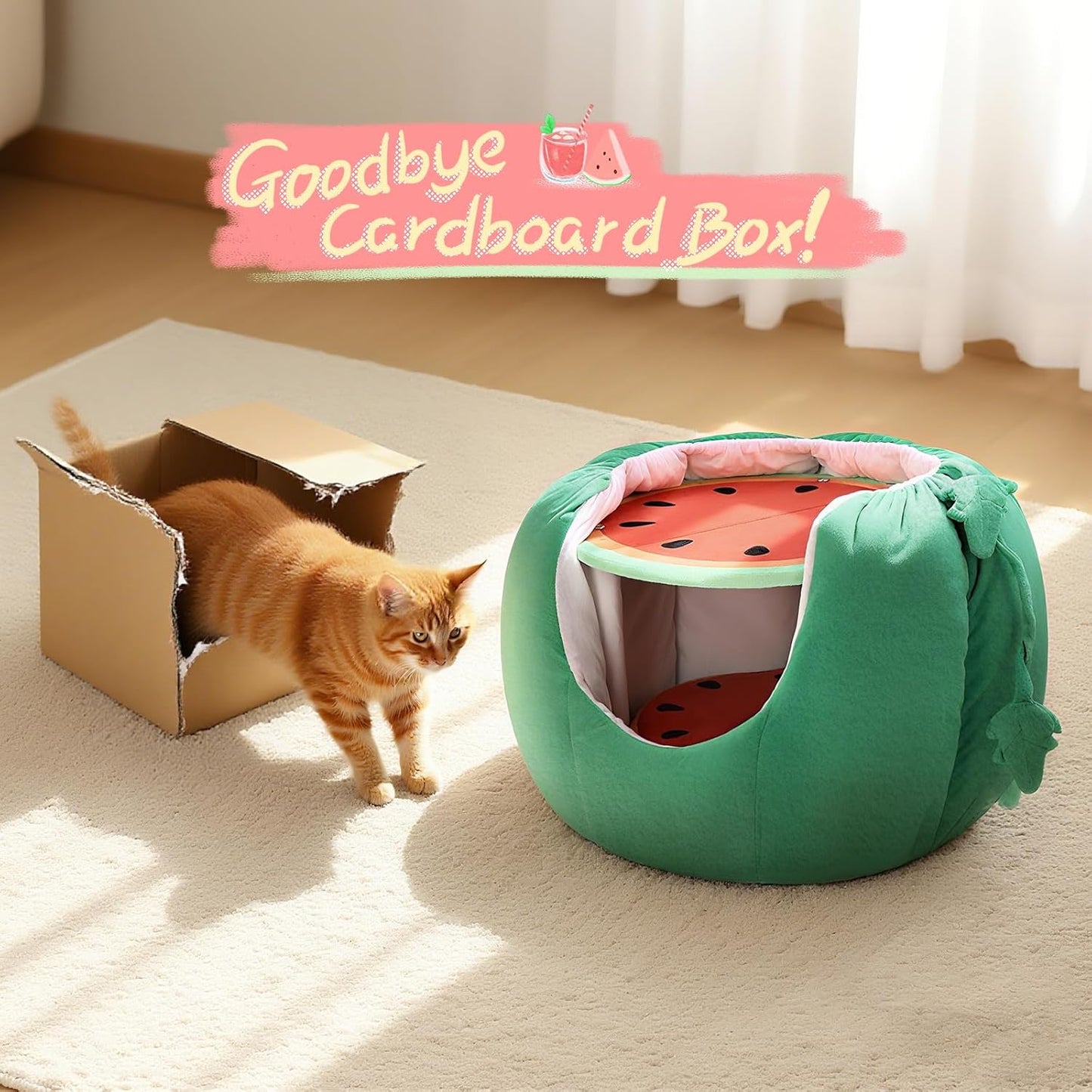 Adorable Watermelon Cat House , Small Cat Tree with Sisal Ropes and Plush Perch, Cute Cat Bed Cave with Soft Pillow, Watermelon Design