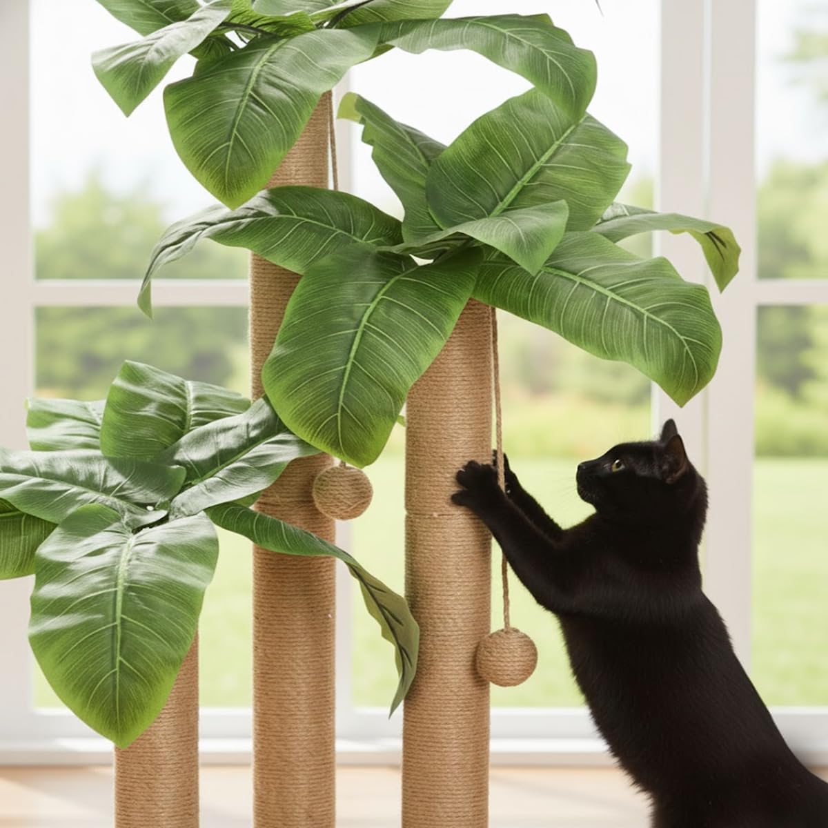 31.5 Inch Palm Tree Cat Scratching Post, Cat Scratcher Tree with 3 Scratching Poles & 2 Interactive Dangling Balls, Cats Scratching Posts for Indoor Kitten & Adult Cats