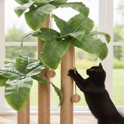31.5 Inch Palm Tree Cat Scratching Post, Cat Scratcher Tree with 3 Scratching Poles & 2 Interactive Dangling Balls, Cats Scratching Posts for Indoor Kitten & Adult Cats